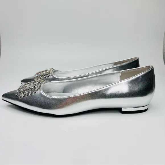Nine West Silver Metallic Pointed Toe Rhinestone Buckle Slip On Ballet Flats