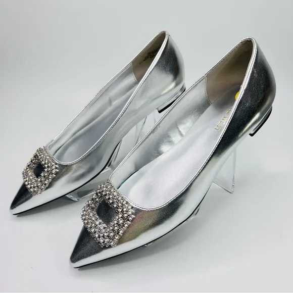 Nine West Silver Metallic Pointed Toe Rhinestone Buckle Slip On Ballet Flats