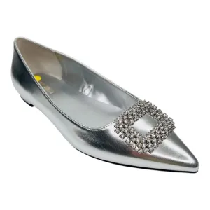 Nine West Silver Metallic Pointed Toe Rhinestone Buckle Slip On Ballet Flats