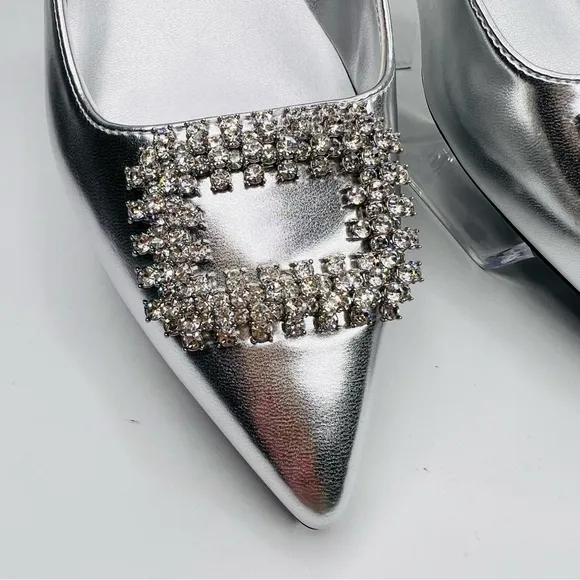 Nine West Silver Metallic Pointed Toe Rhinestone Buckle Slip On Ballet Flats