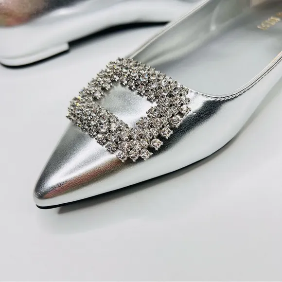 Nine West Silver Metallic Pointed Toe Rhinestone Buckle Slip On Ballet Flats