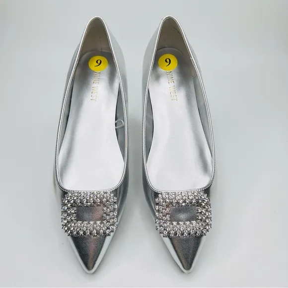 Nine West Silver Metallic Pointed Toe Rhinestone Buckle Slip On Ballet Flats