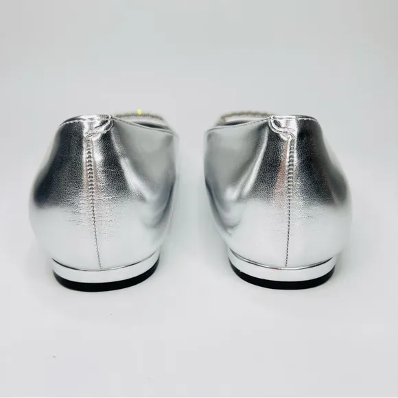 Nine West Silver Metallic Pointed Toe Rhinestone Buckle Slip On Ballet Flats