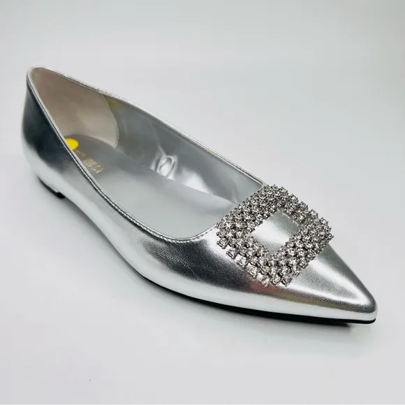 Nine West Silver Metallic Pointed Toe Rhinestone Buckle Slip On Ballet Flats