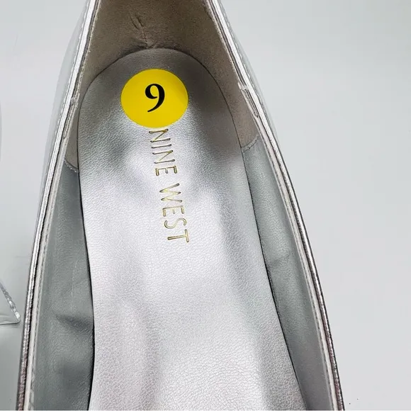 Nine West Silver Metallic Pointed Toe Rhinestone Buckle Slip On Ballet Flats