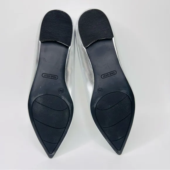 Nine West Silver Metallic Pointed Toe Rhinestone Buckle Slip On Ballet Flats