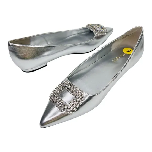 Nine West Silver Metallic Pointed Toe Rhinestone Buckle Slip On Ballet Flats