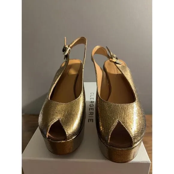 NWB CLERGERIE Paris Dylan6 Snake-Embossed GOLD Wedge Sandals US 6 Eur 36 $675