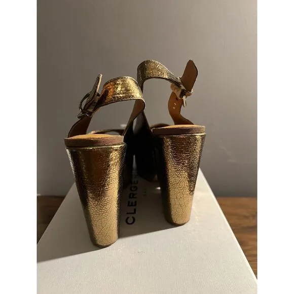 NWB CLERGERIE Paris Dylan6 Snake-Embossed GOLD Wedge Sandals US 6 Eur 36 $675