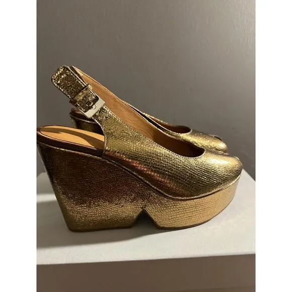 NWB CLERGERIE Paris Dylan6 Snake-Embossed GOLD Wedge Sandals US 6 Eur 36 $675