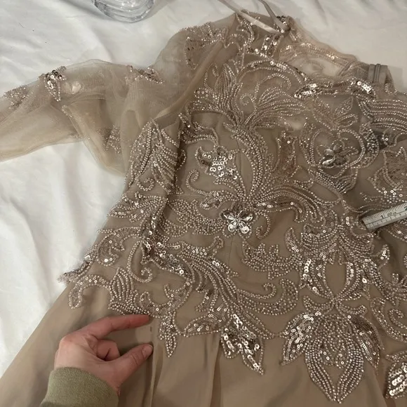NWD $319 XSCAPE [ 20W ] Mason Boat-Neck Chiffon Fit &amp; Flare Gown Taupe #S1793