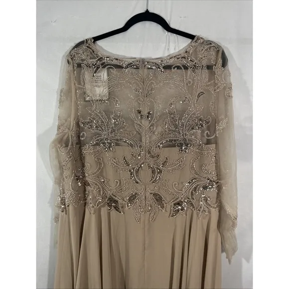 NWD $319 XSCAPE [ 20W ] Mason Boat-Neck Chiffon Fit &amp; Flare Gown Taupe #S1793