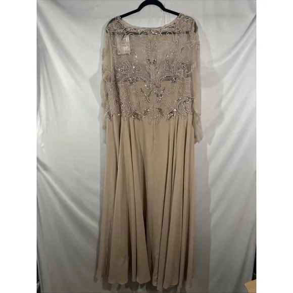 NWD $319 XSCAPE [ 20W ] Mason Boat-Neck Chiffon Fit &amp; Flare Gown Taupe #S1793