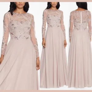 NWD $319 XSCAPE [ 20W ] Mason Boat-Neck Chiffon Fit &amp; Flare Gown Taupe #S1793