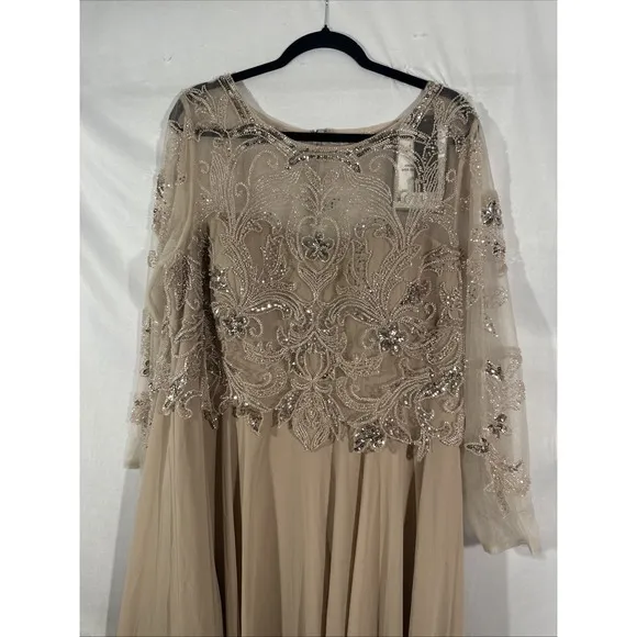 NWD $319 XSCAPE [ 20W ] Mason Boat-Neck Chiffon Fit &amp; Flare Gown Taupe #S1793