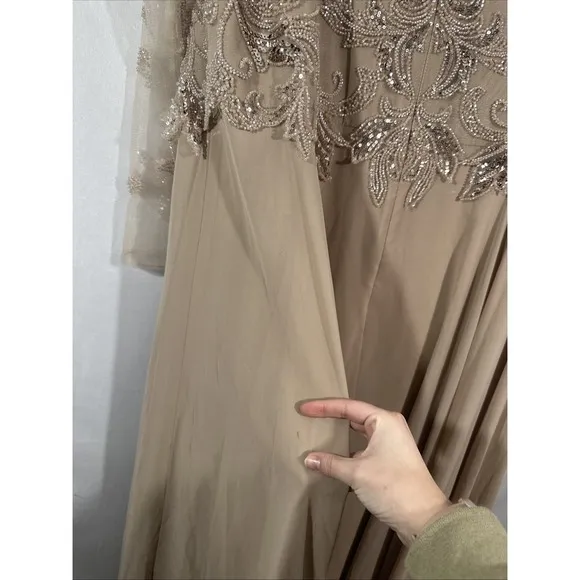 NWD $319 XSCAPE [ 20W ] Mason Boat-Neck Chiffon Fit &amp; Flare Gown Taupe #S1793