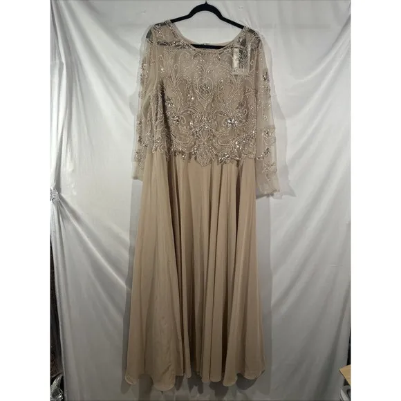 NWD $319 XSCAPE [ 20W ] Mason Boat-Neck Chiffon Fit &amp; Flare Gown Taupe #S1793