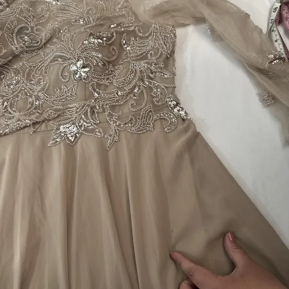 NWD $319 XSCAPE [ 20W ] Mason Boat-Neck Chiffon Fit &amp; Flare Gown Taupe #S1793