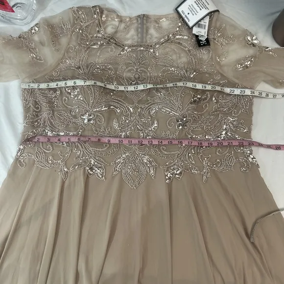 NWD $319 XSCAPE [ 20W ] Mason Boat-Neck Chiffon Fit &amp; Flare Gown Taupe #S1793