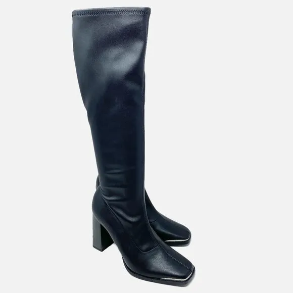 NWOB Bar IIIBlack Faux Leather Square Toe Knee High Boots Women's Sz 7 Side Zip