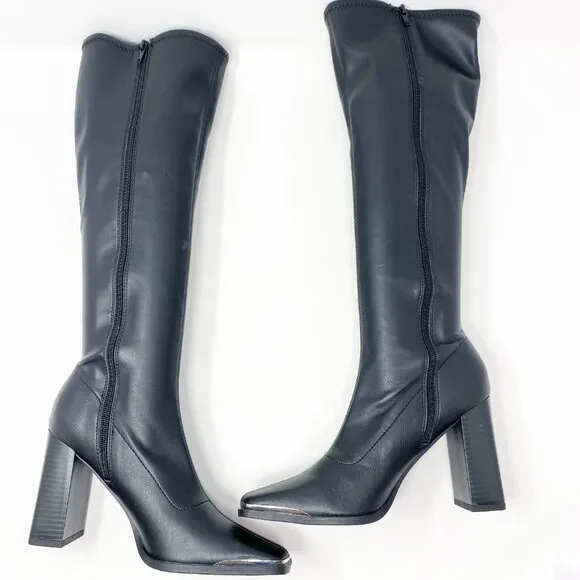 NWOB Bar IIIBlack Faux Leather Square Toe Knee High Boots Women's Sz 7 Side Zip