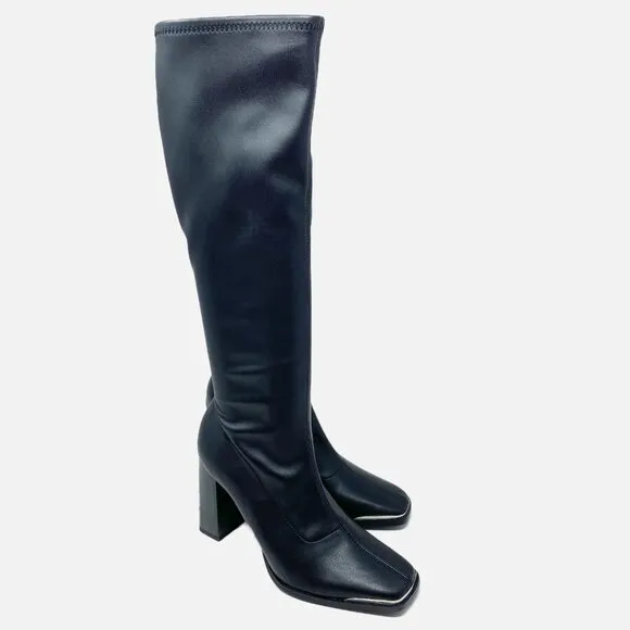 NWOB Bar IIIBlack Faux Leather Square Toe Knee High Boots Women's Sz 7 Side Zip