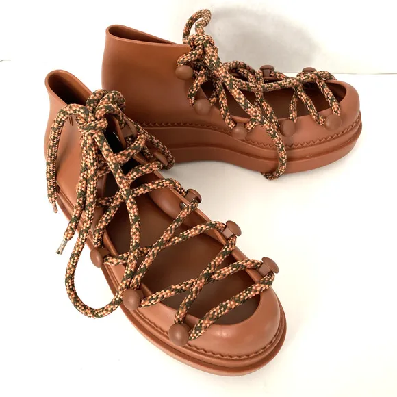 NWOB Melissa Ninety Sandal Platform Shoe Lace Up Brown Round Toe Wedge J…