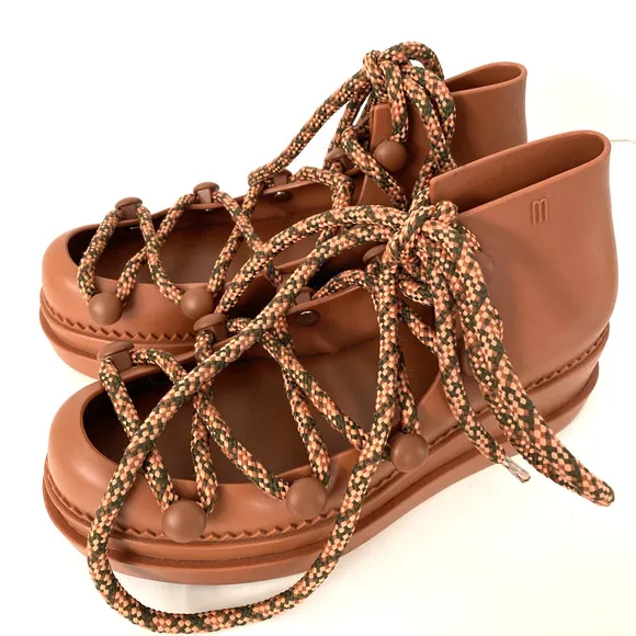 NWOB Melissa Ninety Sandal Platform Shoe Lace Up Brown Round Toe Wedge J…