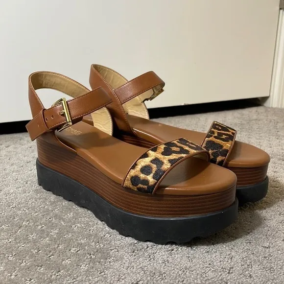 NWOB MICHAEL Michael Kors Marlon Leopard Calf Hair Leather Platform Sandals 6.5