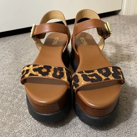 NWOB MICHAEL Michael Kors Marlon Leopard Calf Hair Leather Platform Sandals 6.5
