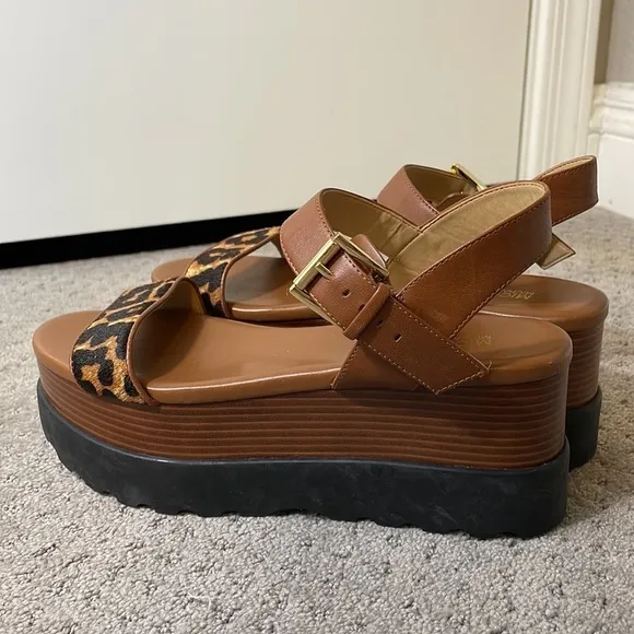 NWOB MICHAEL Michael Kors Marlon Leopard Calf Hair Leather Platform Sandals 6.5