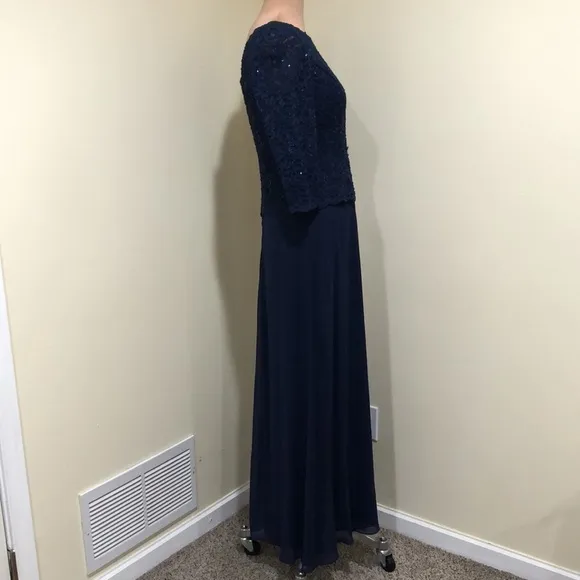 NWOT Alex Evenings Maxi Dress Size 6 Navy Blue Floral Lace Sequin Boat Neck Gown