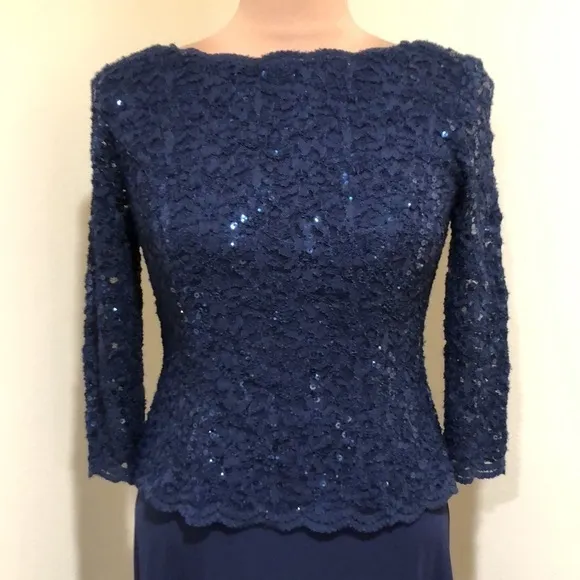 NWOT Alex Evenings Maxi Dress Size 6 Navy Blue Floral Lace Sequin Boat Neck Gown