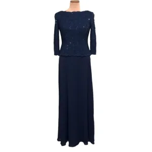 NWOT Alex Evenings Maxi Dress Size 6 Navy Blue Floral Lace Sequin Boat Neck Gown