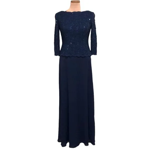 NWOT Alex Evenings Maxi Dress Size 6 Navy Blue Floral Lace Sequin Boat Neck Gown