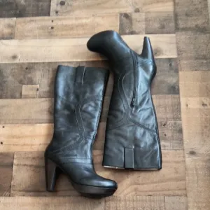 NWOT Bivel Black Leather High Heeled Knee-High Boots Sz EU 37.5 US 7 Women