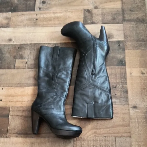 NWOT Bivel Black Leather High Heeled Knee-High Boots Sz EU 37.5 US 7 Women