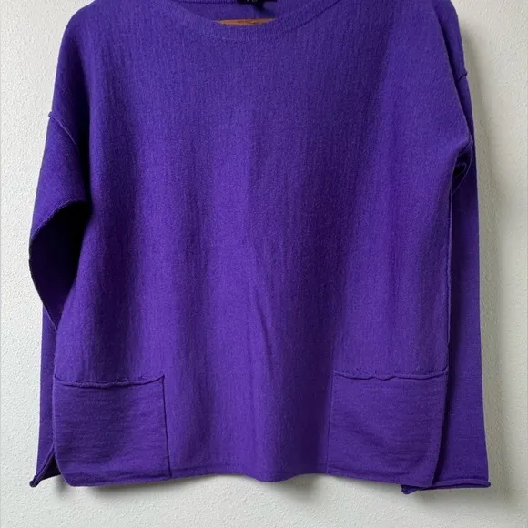 NWOT EILEEN FISHER Purple 100% Merino Wool Boat Neck Box Sweater Pockets Size MP