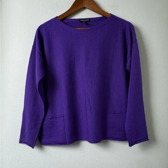 NWOT EILEEN FISHER Purple 100% Merino Wool Boat Neck Box Sweater Pockets Size MP