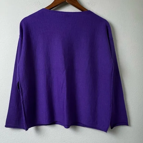 NWOT EILEEN FISHER Purple 100% Merino Wool Boat Neck Box Sweater Pockets Size MP