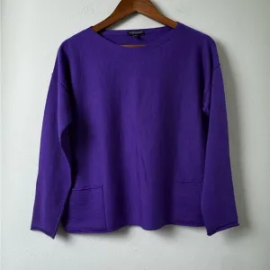NWOT EILEEN FISHER Purple 100% Merino Wool Boat Neck Box Sweater Pockets Size MP
