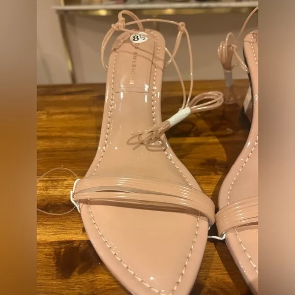 NWOT Good American nude ankle wrap wedges with clear wedges