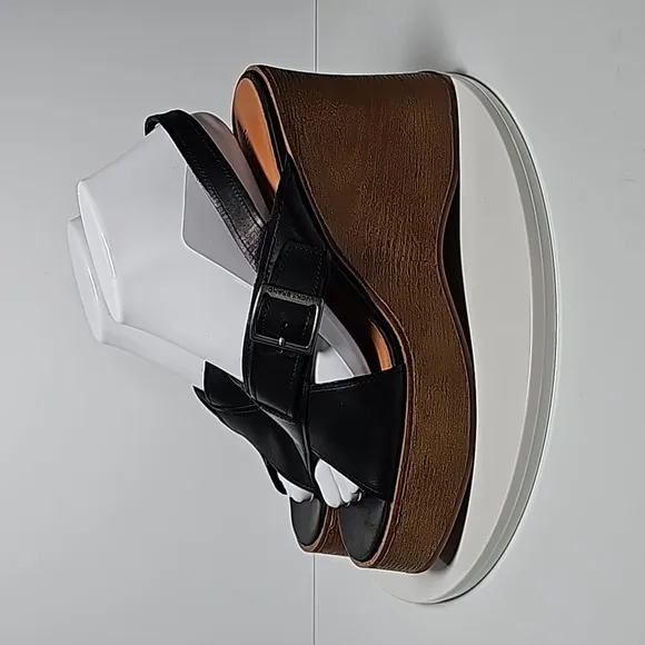 NWOT Lucky Brand Delaynee Wood Wedge Sandal Platforms Leather Black Brown 8.5