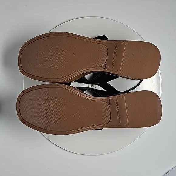 NWOT Lucky Brand Delaynee Wood Wedge Sandal Platforms Leather Black Brown 8.5