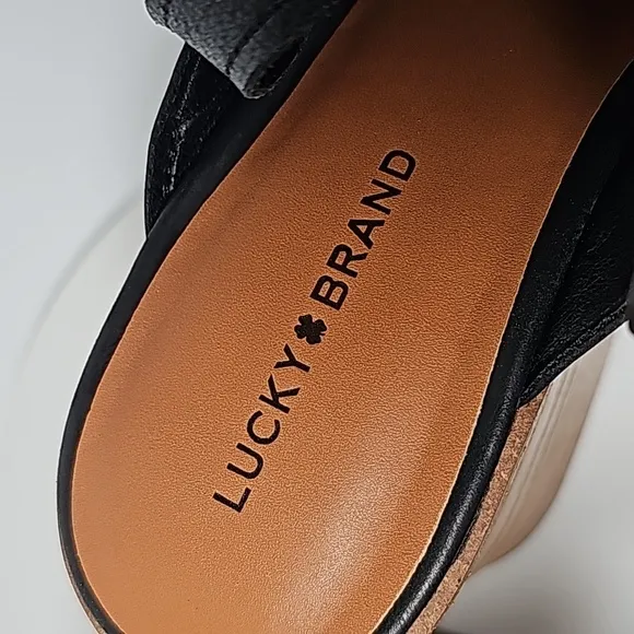 NWOT Lucky Brand Delaynee Wood Wedge Sandal Platforms Leather Black Brown 8.5