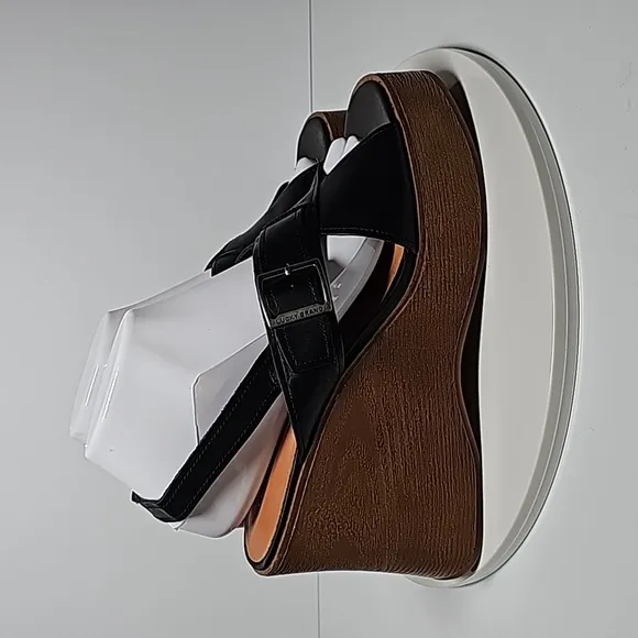 NWOT Lucky Brand Delaynee Wood Wedge Sandal Platforms Leather Black Brown 8.5