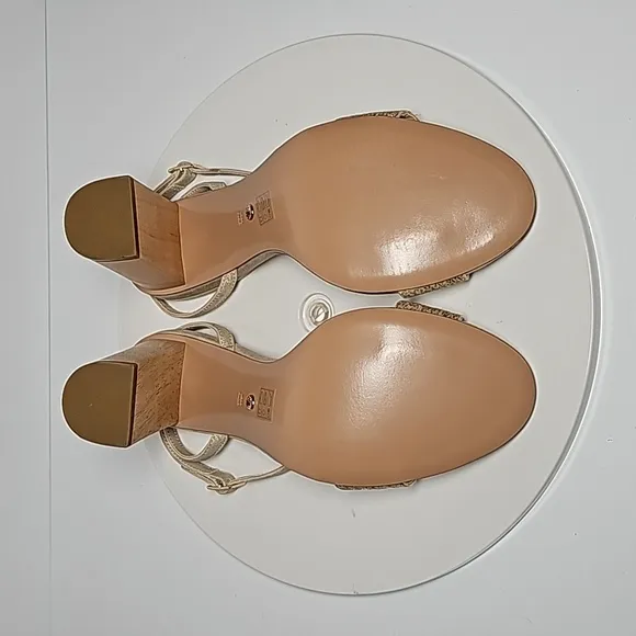 NWOT Pelle Moda Zina Heeled Sandal Shoes Jute Wood Suede Strap Adjustable Gold 9