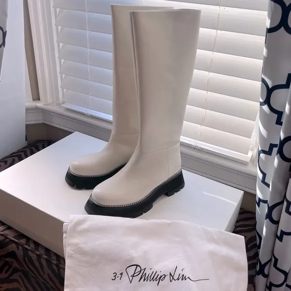 🤍NWT 3.1 Phillip Lim Kate Lug-sole Tube Boots in leather white black, 39,5