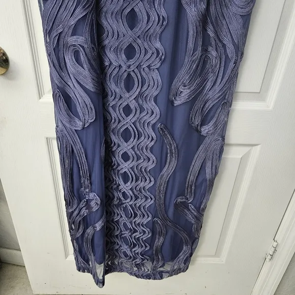 NWT $338 JS Collections Soutache Trim Mesh Column Gown SZ 14 W Purple Blue