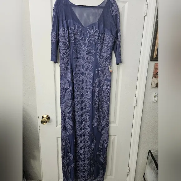 NWT $338 JS Collections Soutache Trim Mesh Column Gown SZ 14 W Purple Blue